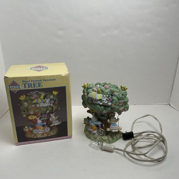 Easter lighted Tree House village/lamp Bunny on bike & swing/eggs/birds 7" EUC - Picture 1 of 5